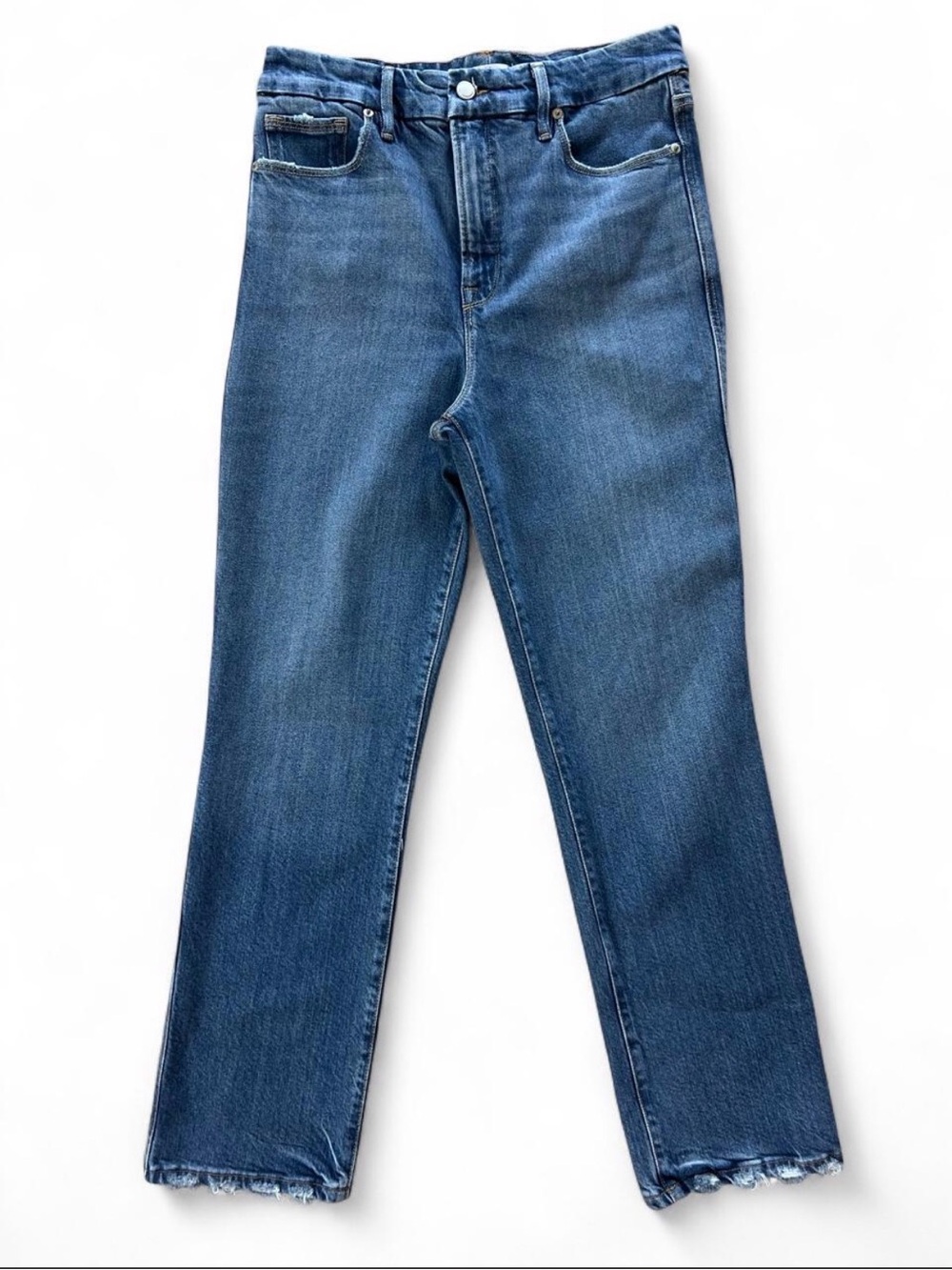 Good American Good Curve Straight Jeans Size 10/30 High Rise Raw Hem Blue
